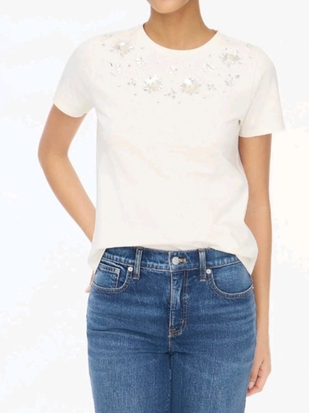 J Crew Embellished Floral T Shirt Cream Short Sleeve Crew Neck Size‎ XS NWT